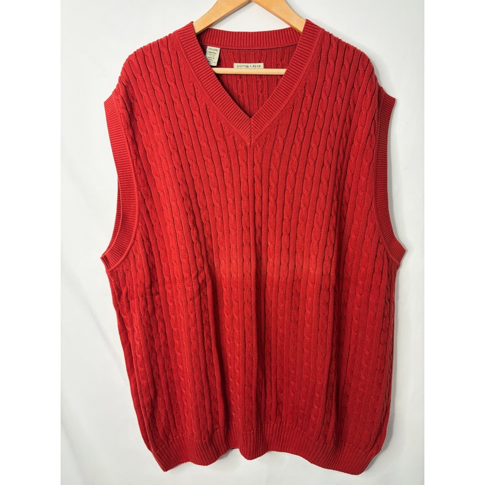 Cutter & Buck Mens 2XLT Red Pima Cotton Cable Knit V-Neck Sweater Vest Old Money
